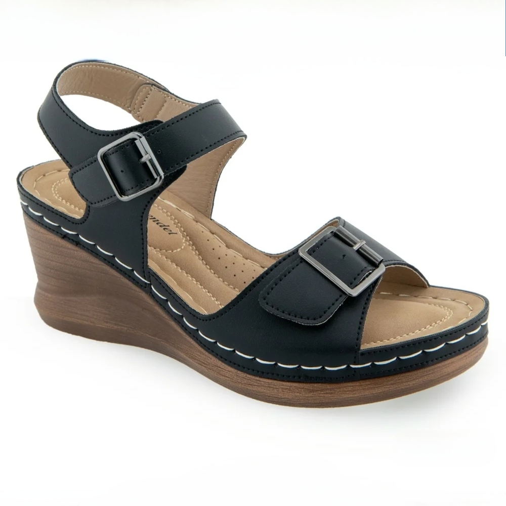 Black Leather Wedge Sandals with Adjustable Straps